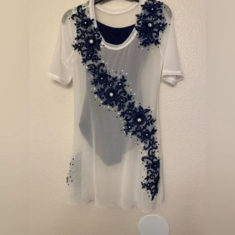 Custom solo dance costume white embellished mesh tunic stoned Overdress XSA adul